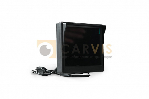 Чёрный монитор CARVIS MT-205 с жидкокристаллическим экраном, предназначенный для использования в системах видеонаблюдения на транспорте, с удобной подставкой для монтажа на транспортном средстве и входом для видеокабеля.