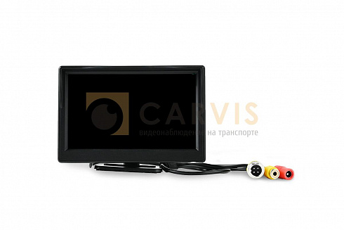 Чёрный монитор CARVIS MT-205 с жидкокристаллическим экраном, предназначенный для использования в системах видеонаблюдения на транспорте, с удобной подставкой для монтажа на транспортном средстве и входом для видеокабеля.